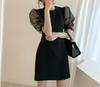BEYANE Sheer Sleeve Cabaret Sexy Korean Party Wedding Short Concert Elegant Short Mini Plus Jeweled Formal Mini Cabaret Upper Arm Length Dress, Black,