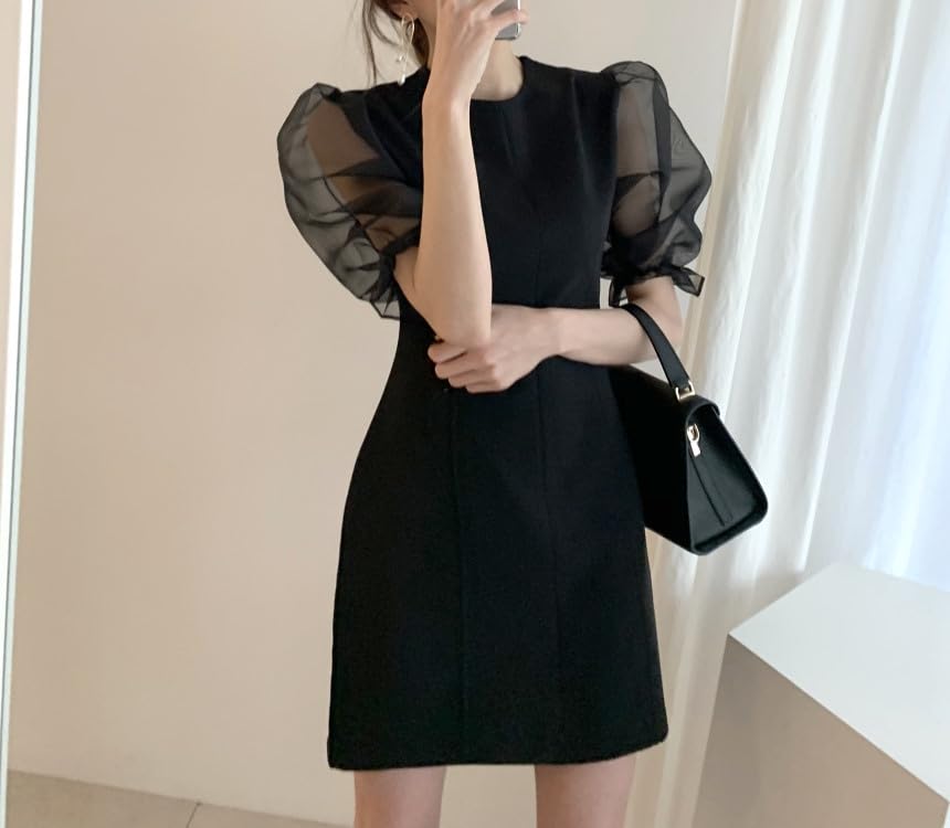 BEYANE Sheer Sleeve Cabaret Sexy Korean Party Wedding Short Concert Elegant Short Mini Plus Jeweled Formal Mini Cabaret Upper Arm Length Dress, Black,