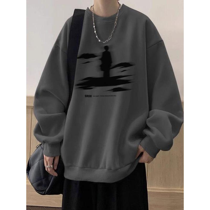 Men's American Retro Fleece-Lined Round Neck Sweatshirt, Heavyweight Cotton Casual Loose Top for Autumn/Winter.