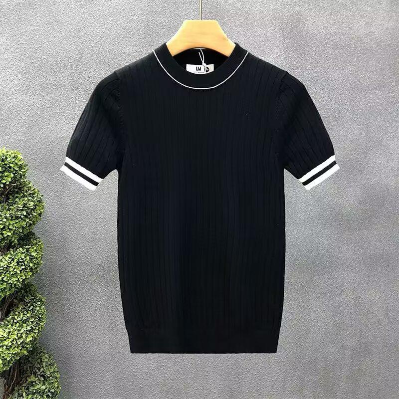 Men's Trendy Summer Breathable Knit Slim Fit Color Block Stripe Short Sleeve T-Shirt