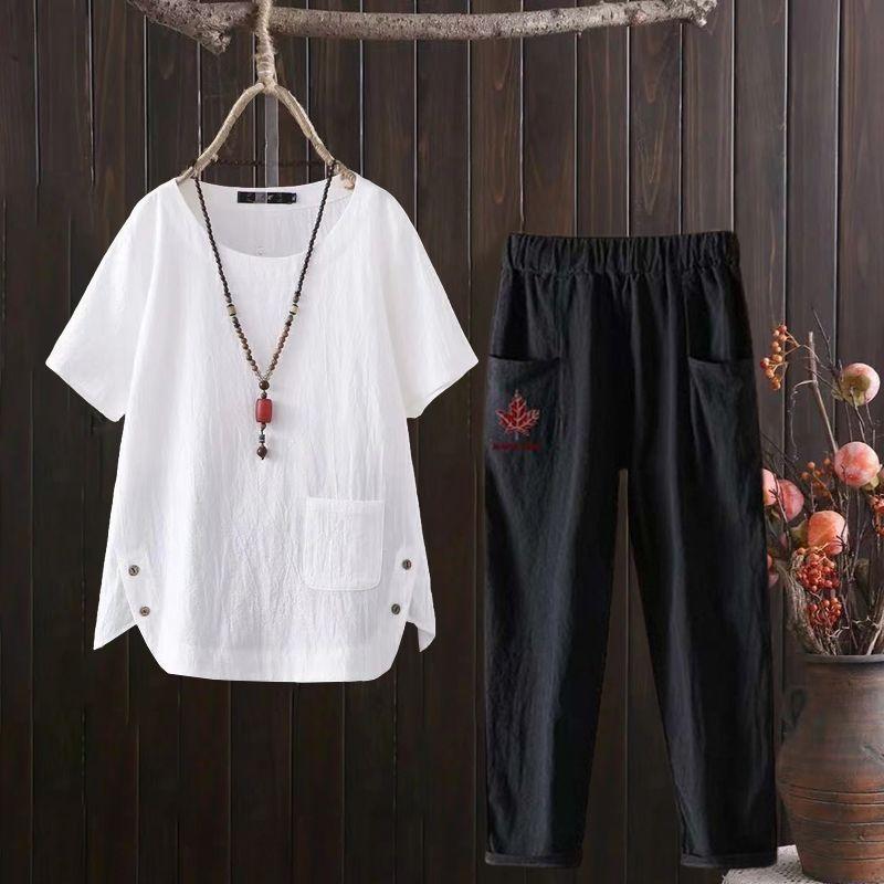 2pcs Cotton Linen Pants Suits Summer Women's Round Neck Cotton Linen Blouse Elastic Waist Cotton Linen Harem Pants Two-Piece Set Casual  Outfits