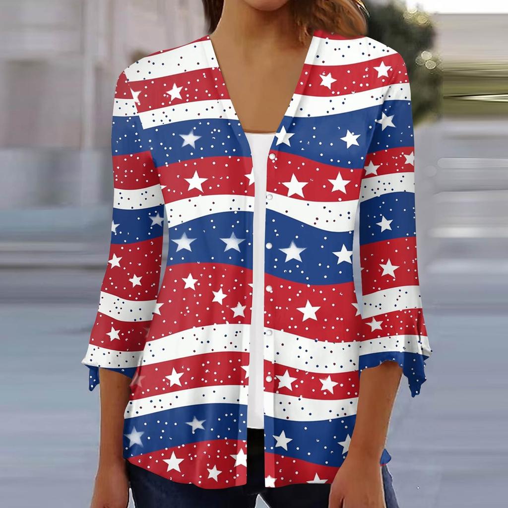 Women's Loose Casual Independence Day Printed Seven Sleeve Button Down Shirt Cardigan Top