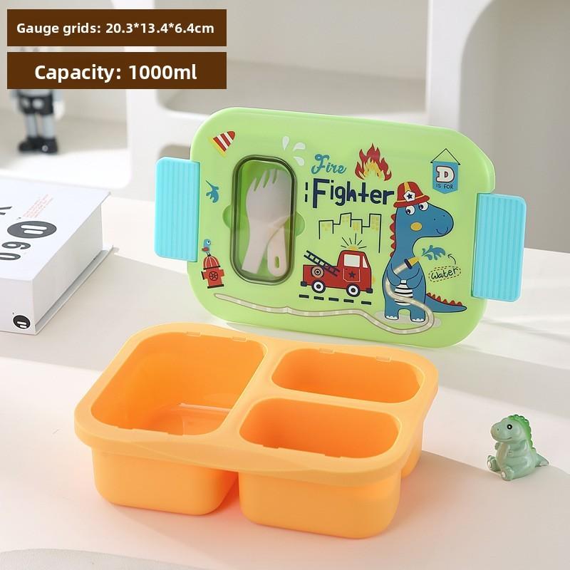 Cartoon Pattern Portable Meal Container With Three Compartments For Office And Picnic