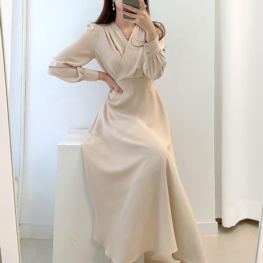 Harajuku V-neck Puff Sleeve A-line Maxi Dresses for Woman Women Solid Color Midi Robe Korean Office Dresses Elegant Spring 2026