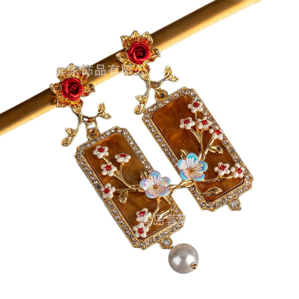 Middle Ancient New Chinese Style Palace Relief Flower Square Brand Earrings Long Temperament Heavy Industry Enamel Available Purchase