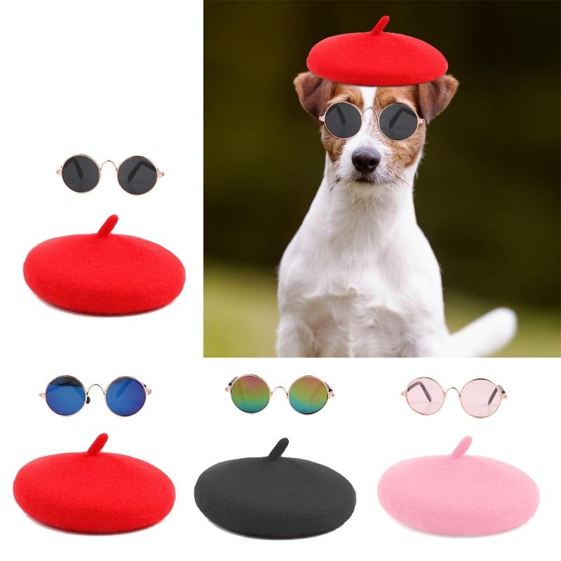 Zestaw Beret i Okulary dla Zwierząt na Halloween Cosplay Imprezę Modne Akcesoria Kostiumowe dla Kotów i Psów Wygodne