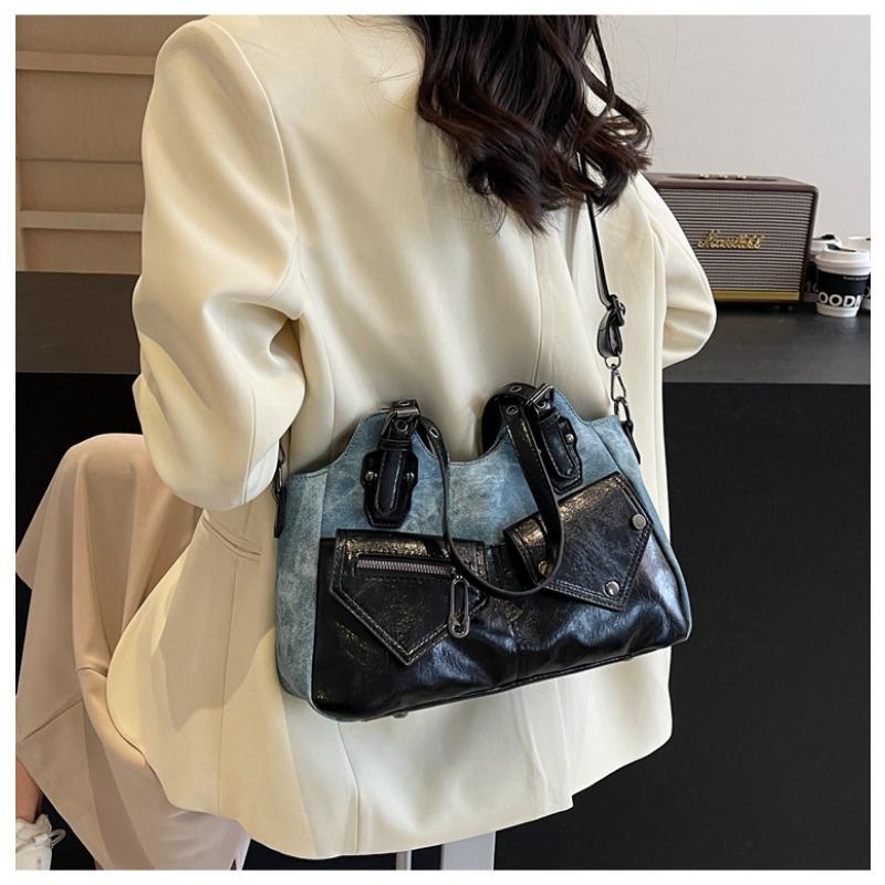 Vintage Euro-American Large Capacity Shoulder Bag New Crossbody Bag Patchwork Women Bag Minimalist Soft Leather Tote Bag