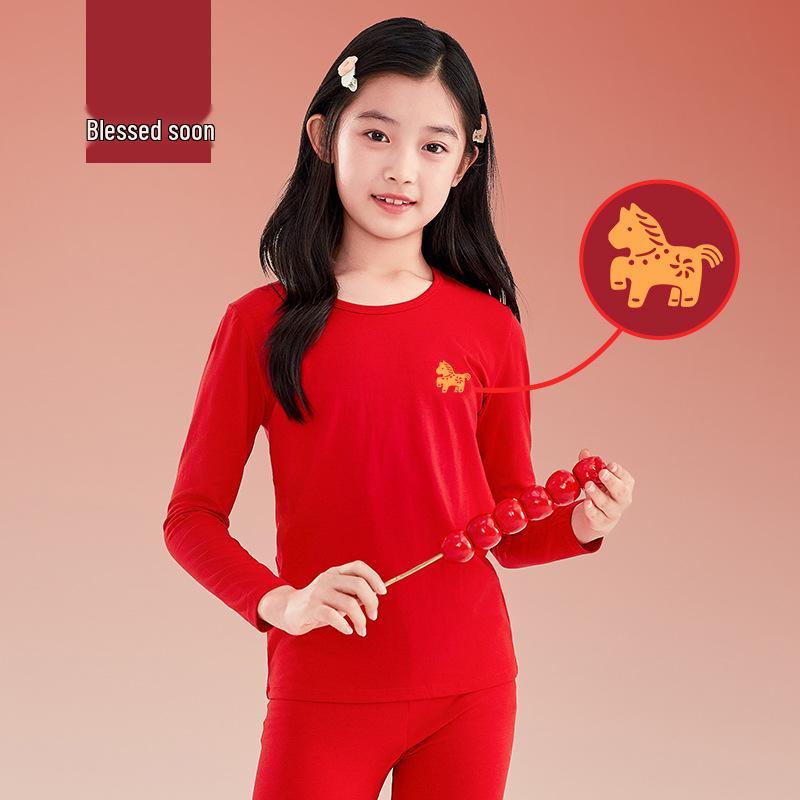 Children's 2026 Zodiac Red Cotton Long Johns Set - Boys & Girls Warm Autumn Underwear