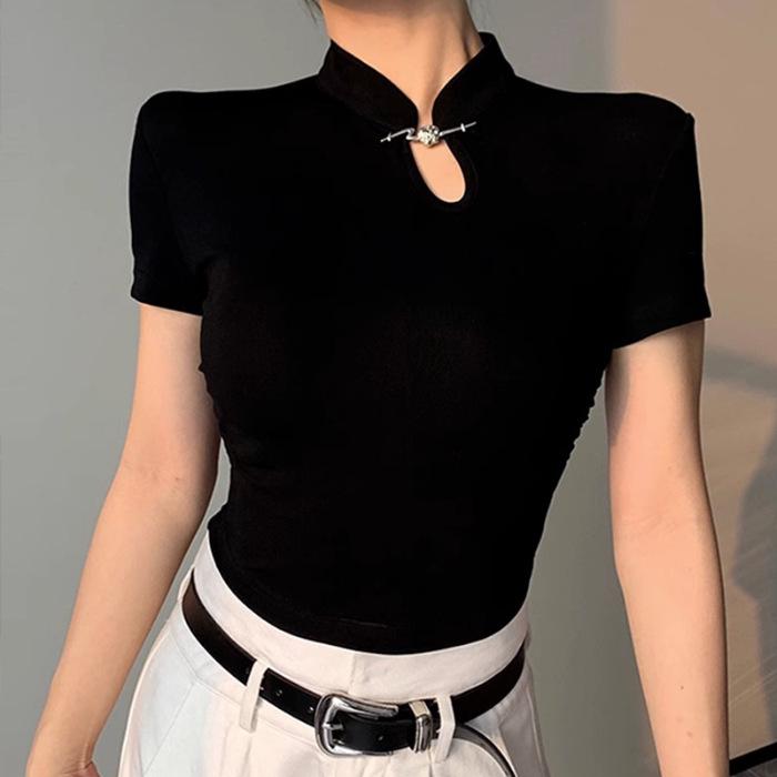 

Women s Black Short Sleeve Cheongsam-Style Top with Modern Design Large чёрный