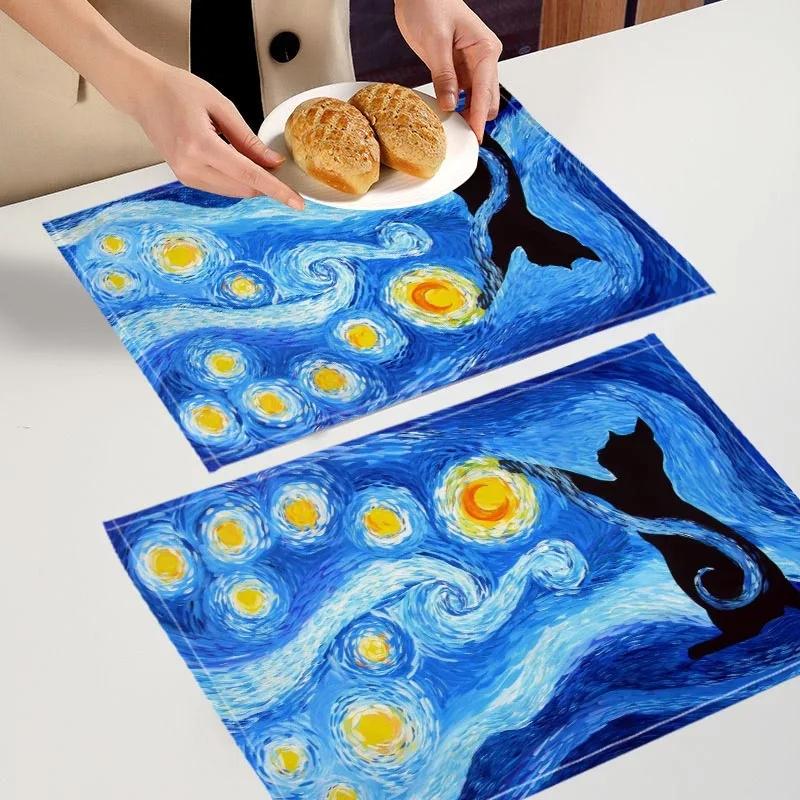 Van Gogh festmény stílusú nyomtatott alátét, Konyhai bárasztal tányéralátét, Csúszásmentes és hőszigetelő len asztali alátét 8PC-32X42cm