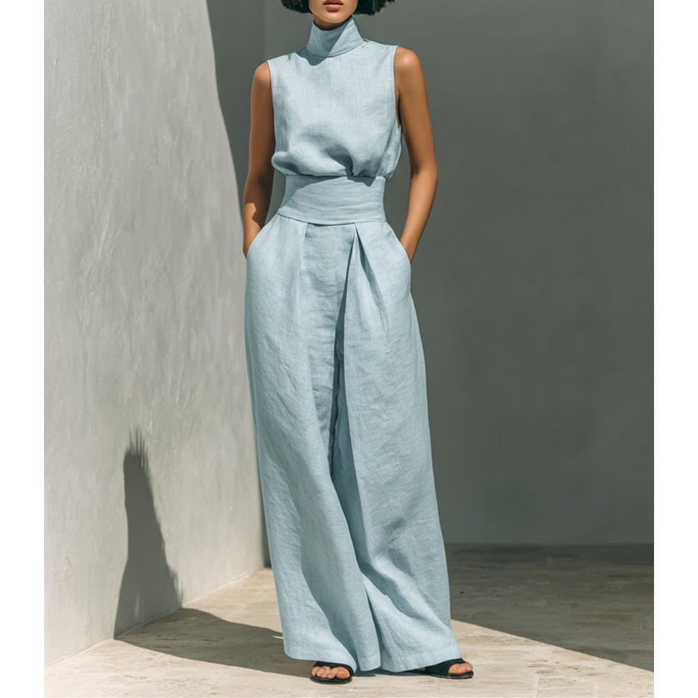 Spring and summer spot, European and American women s clothing cotton and linen sleeveless trousers casual suit women S небесно-голубой