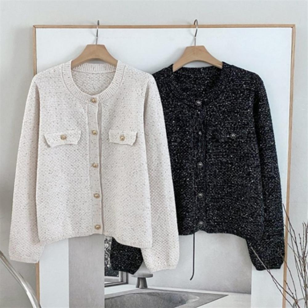 New Arrivals Open Run Women Vintage Button Glitter Tweed Two Tone Cardigan