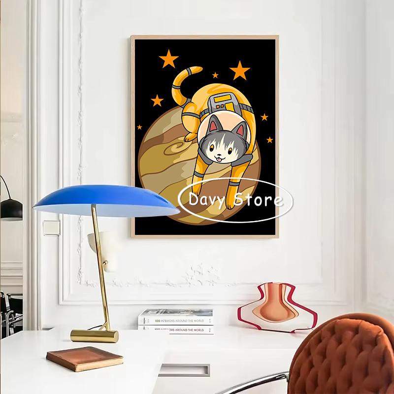 Lustiges Tier Hund Katze Astronaut Weltraum Planet Cartoon Poster und Drucke Leinwandmalerei Wandkunst Bilder für Zimmer Heimdekoration