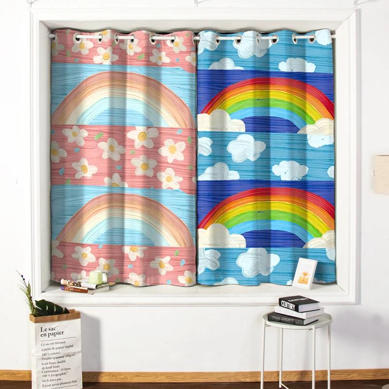 Fresh Cartoon Oil Painting Window Curtain Cute Children's Room Simple Fashion High Shading Bedroom Curtain 2 Panels New Pattern