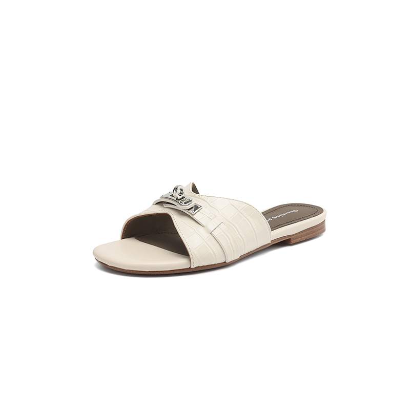 Krazing Pot Cow Skin Mules Summer Size 42 Low Heels Luxury Shoes Metal Decoration Women Superstar Women Peep Toe Slip on Sandals