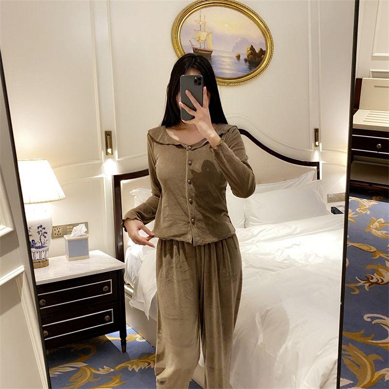 New Pajamas for Women Spring Sweet Square Neck Pajamas Set with Breast Pads Home Clothes Island Velvet Ruffles Home Clothes