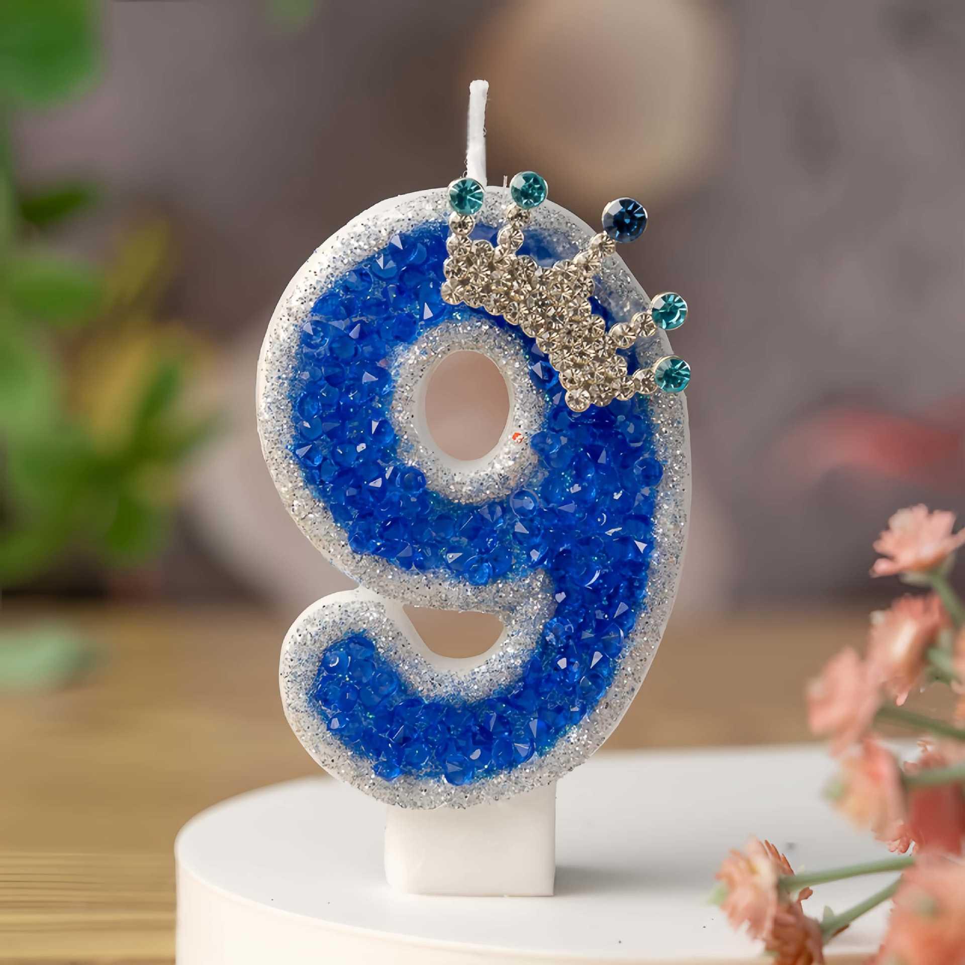 Royal Blue Crown Rhinestone Happy Birthday Cake Candles