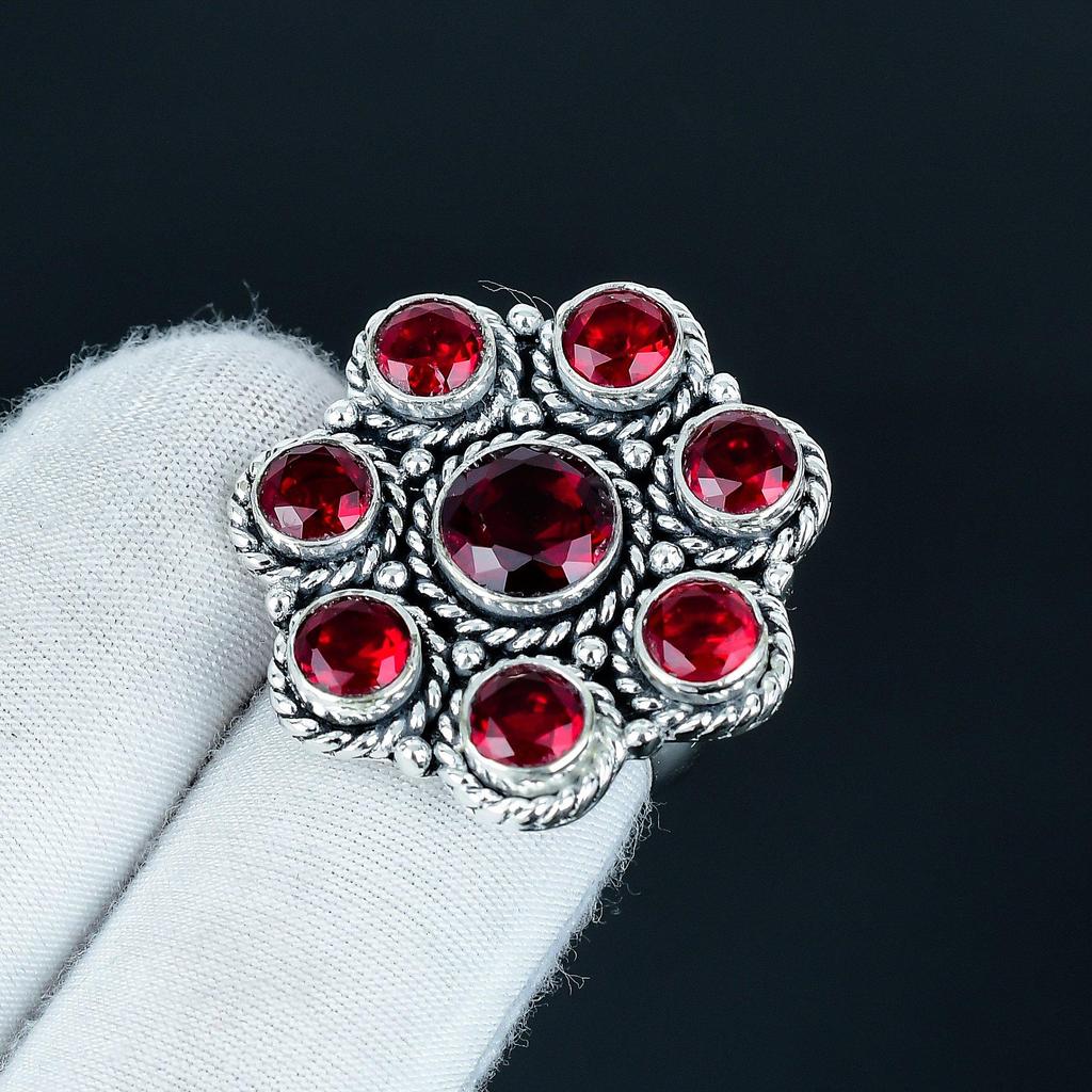 Beautiful Red Garnet Gemstone Handmade 925 Sterling Silver Ring - Bohemian Jewelry Ring - Handmade Boho Flower Jewelry for Women & Men, Gifts For Mom