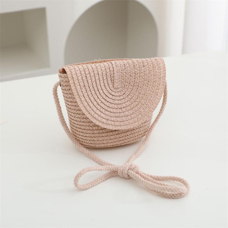 Summer Solid Color Straw Bag Shoulder Messenger Round Bag Children Versatile Outing Beach Bag Light Board DIY Round Weaving