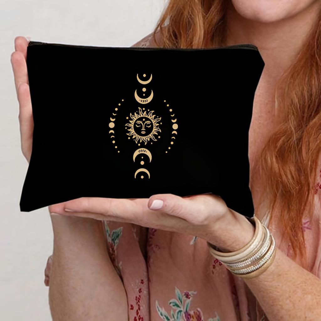 1pc Portable Printed with Golden Moon and Sun Patterns Zipper Bag, Multifunctional Cosmetic Bag Storage Bag.