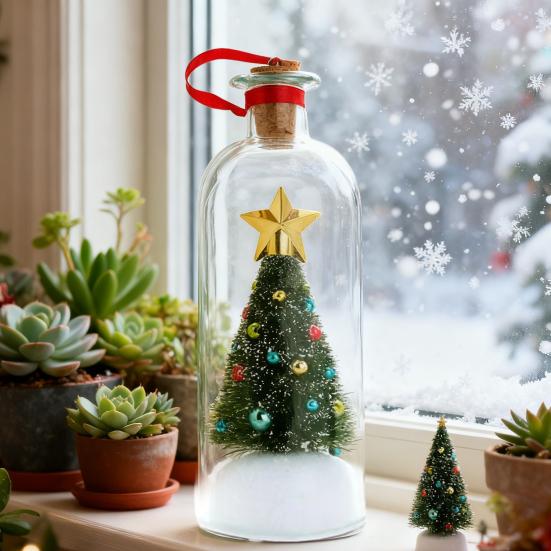 Christmas Tree Message In A Bottle Recordable Voice Message Bottle Ornament with Playback Cork Greeting Glass Bottle with Snowy Scene Xmas Keepsake