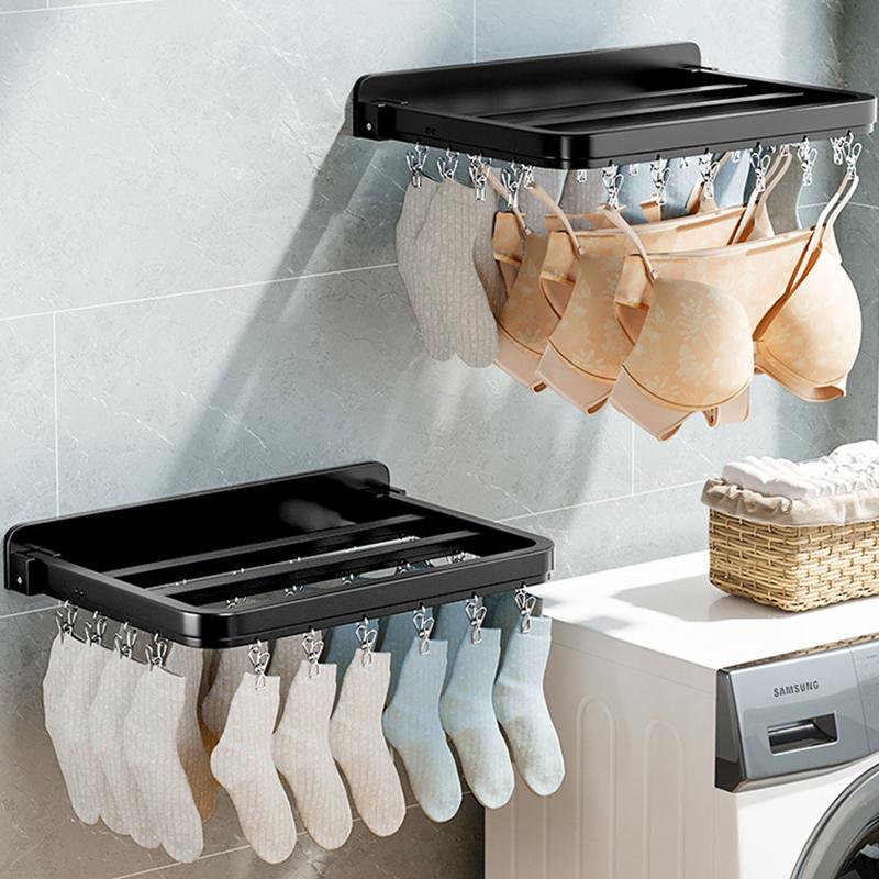 Laundry Organizer 12/20/26 Hooks Shelf Bra Underwear Fixed Wall Mounted Socks Clips Aluminium Alloy No Drilling Black
