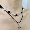Unique Hollow Star Necklace with Black Bead PU Leather Rope Choker Double Layered Clavicle Chain for Trendy Women
