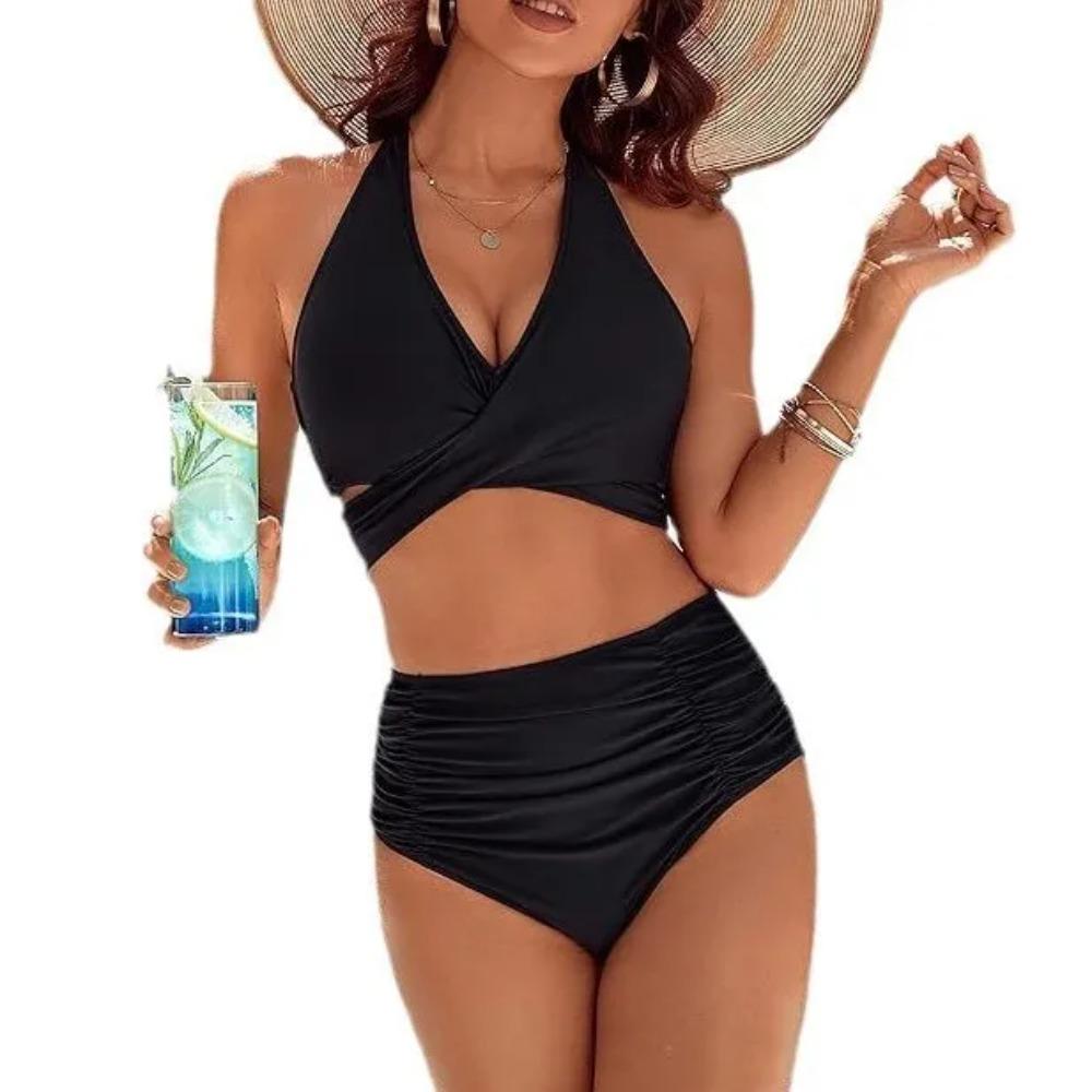 2025 New European Beautiful Women's Belly Swimsuit Moderate High Waist Bikini Suit Cute Neck Swimsuit