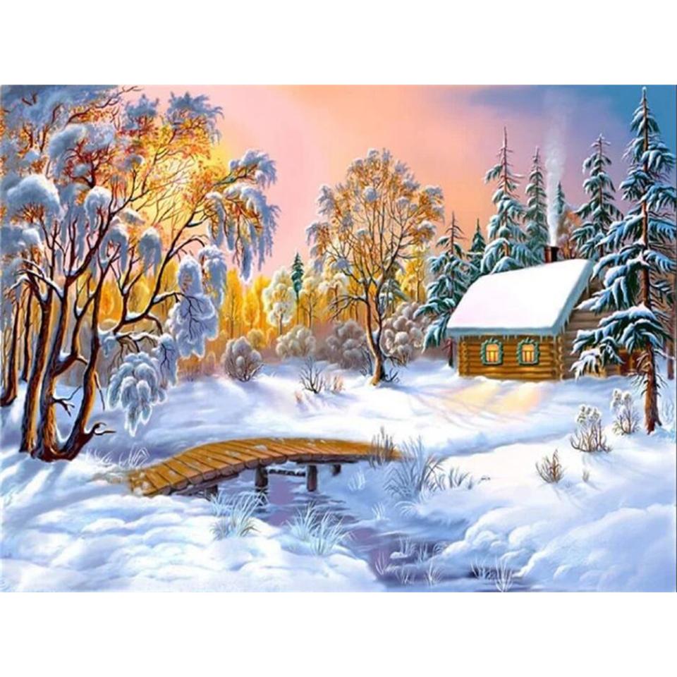 5D DIY Diamond Painting Landscape Winter House Full Round Rhinestone Embroidery Cross Stitch Kit Mosaic Picture Decoration Gift