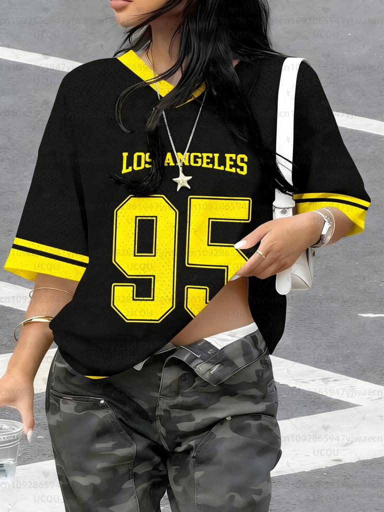 Women's Los Angeles NO.95 Print V-Neck Short Sleeve T-Shirt Summer Graphic Tee Hole Mesh Jerseys Plus Size Sport T-Shirt