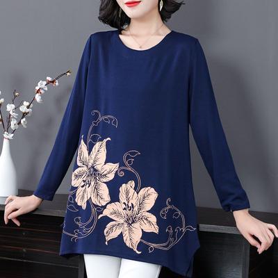 Spring and Autumn Plus Size Blouse Loose Print Base Shirt Long Sleeve Midi T-Shirt