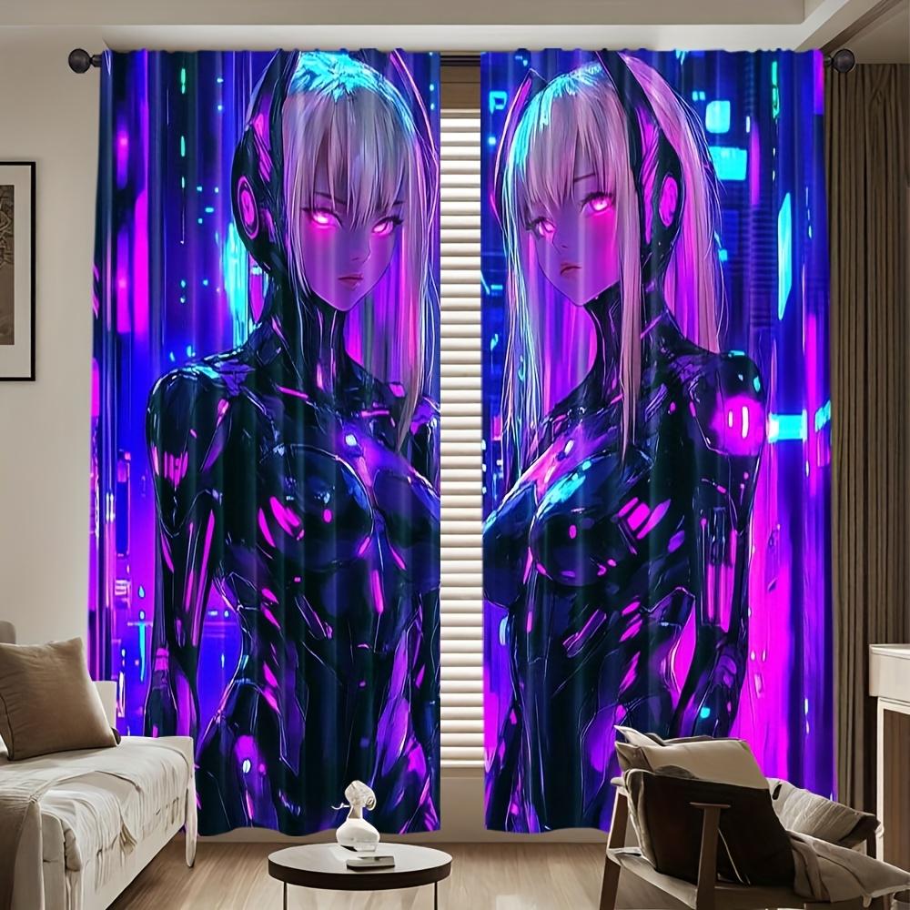 2pc Cyberpunk Anime Curtains – Neon Futuristic Design   Rod Pocket for Living Room   Bedroom & Office (Rod Not Included)