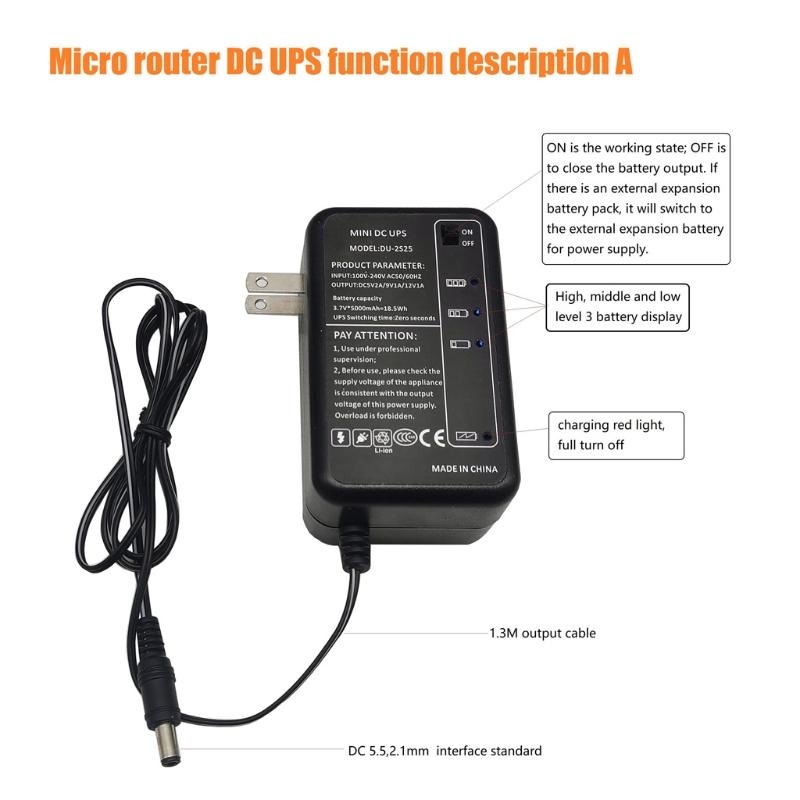 Rechargeable 5000mAh 5V 9V 12V UPS Uninterrupted Backup Power Supply 5.5x2.1mm Output for WiFi Router LED CCTV EU US