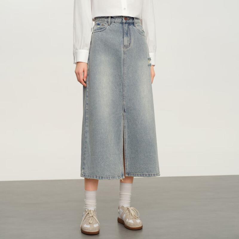 Elva' Island Women's Mid-length A-line Slit Denim Skirt