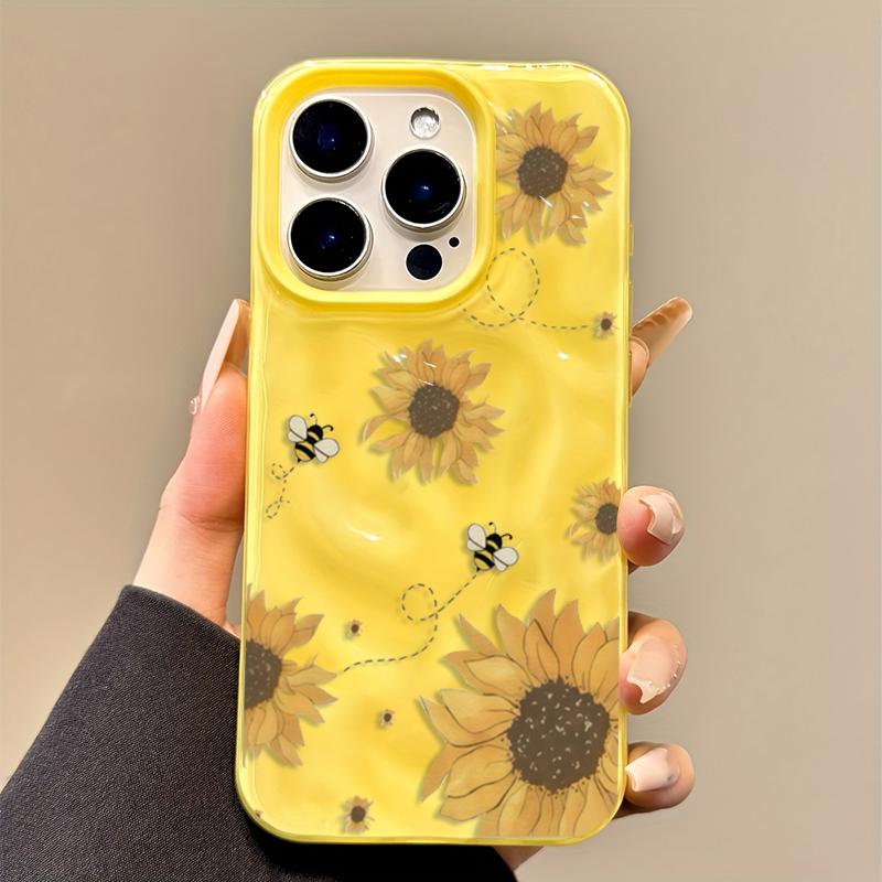 Sunflower Bee Illustration Pattern Phone Case for Iphone 17 Air 16 16e 15plus 14 13 12 11 Pro Max Simple Wrinkled Texture Cover