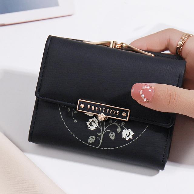 Purse women's summer new Korean PU printed buckle 3 fold bag simple all-in-one short women's money clip multi-card folding flap