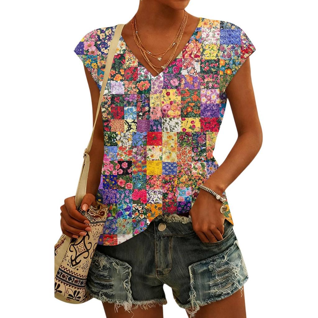 Women's Fashion V-neck Vintage Floral Print Short Sleeve Top
