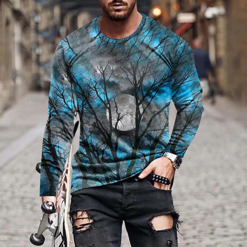 Spring and Autumn Round Neck 3D Scenic Moonlit Forest Pattern Printed Top Fashionable Casual Long Sleeved Men's T-shirts