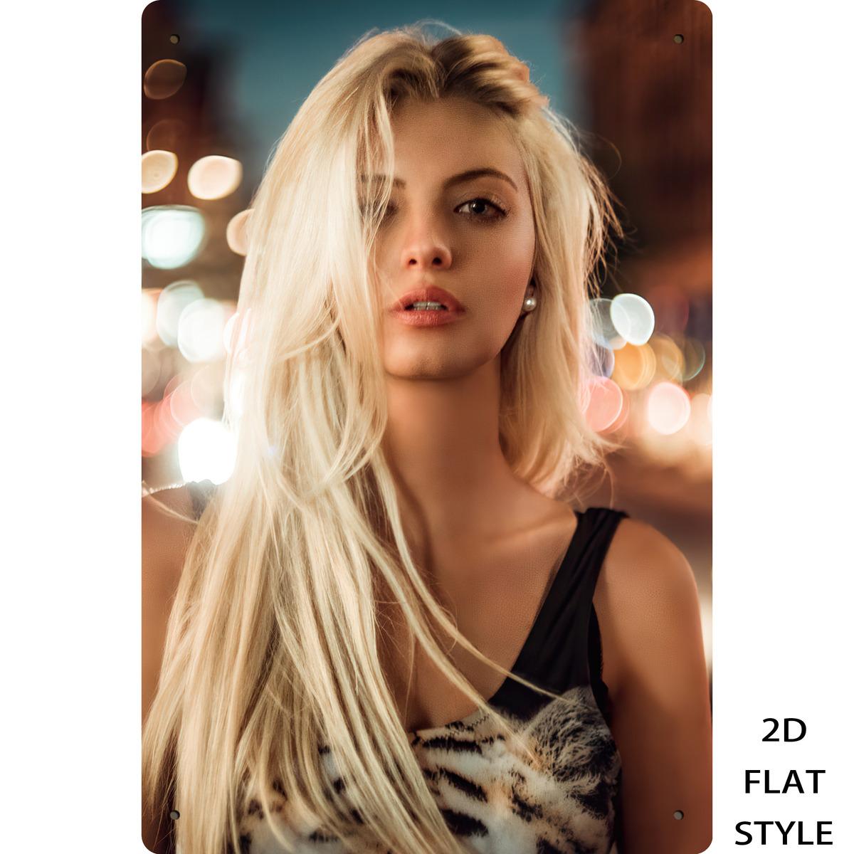 

Hisun Tin Sign HD Metal Tin Sign Stunning Blonde Model in Tiger Print Top Night City Bokeh Portrait Wall Art Decor 20x30cm