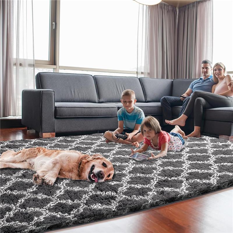 Area Rug Extra Soft Rugs for Living Room, High Pile Indoor Carpet for Bedroom, Playroom, Nursery, Home Decor, Geometric, Dark Grey/White