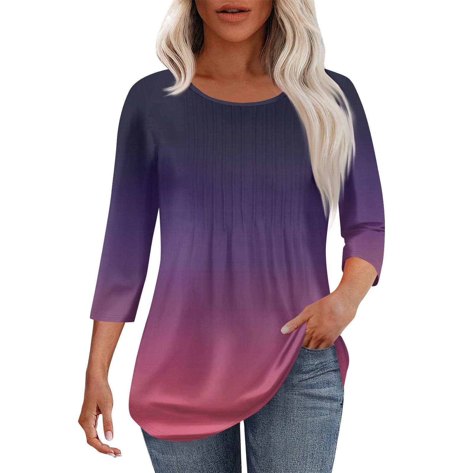 

Женская модная повседневная плиссированная футболка с круглым вырезом и принтом в стиле досуга с рукавом семь четвертей XXL