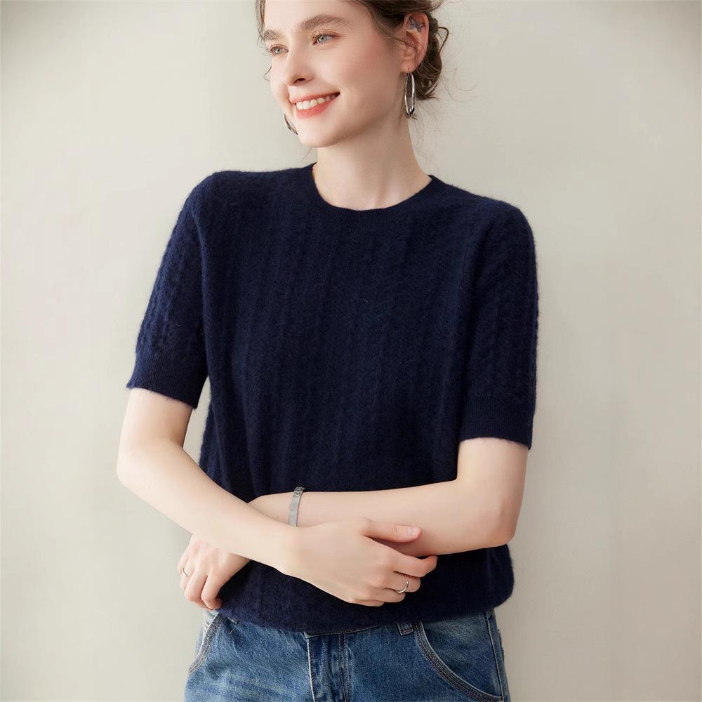 2026 Spring/Summer Women's Pure Cashmere Short Sleeve Round Neck Cable Knit Sweater Pullover Top