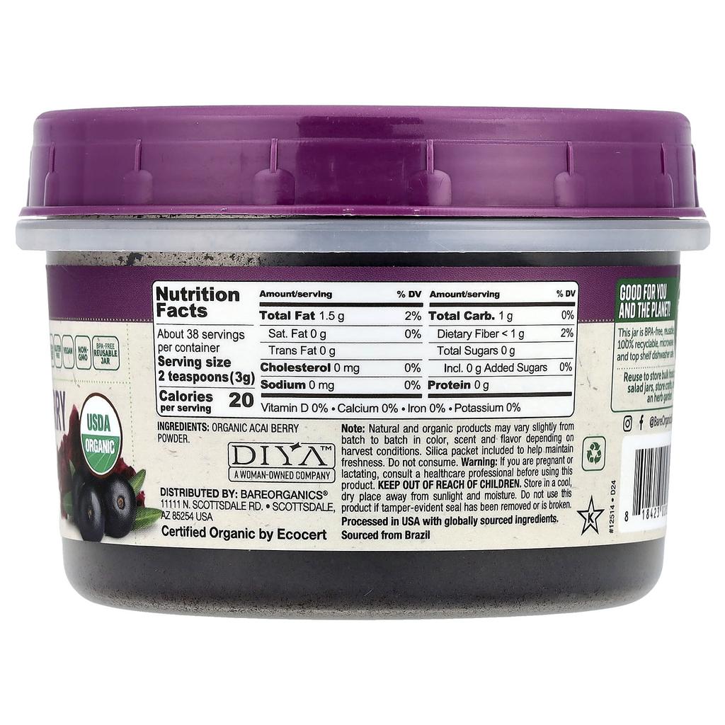 Freeze Dried Raw Organic Acai Berry Powder, 114G(4Oz)