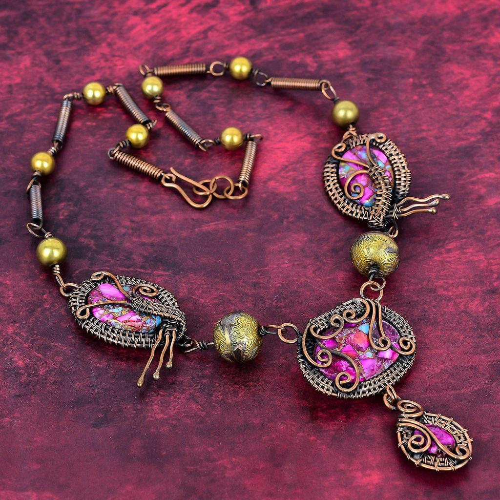 Natural Kingman Pink Dahlia Turquoise Necklace Adjustable Chain Necklace Copper Wire Wrapped Necklace