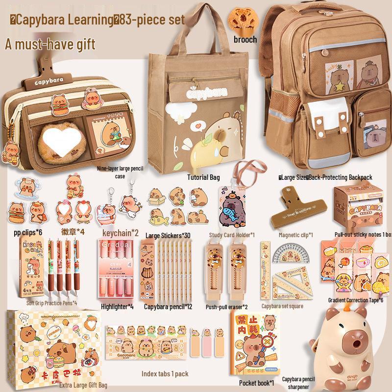 Capybara Backpack Stationery Set: Ergonomic Schoolbag Gift for Boys & Girls.