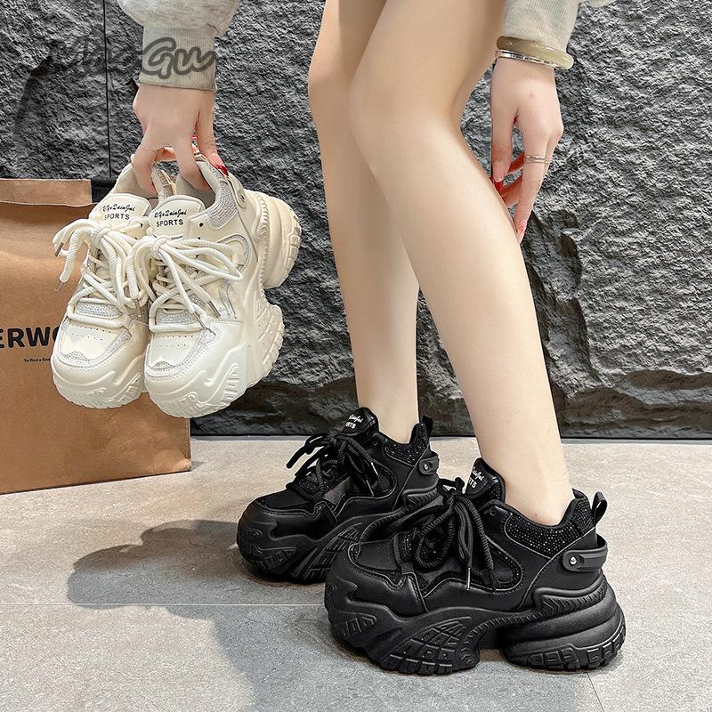 Fashion Chunky Sneakers 2025 Summer Autumn New Style Thick Soled Height Increasing Casual Fashion Sports Shoes Lace Up Black Beige