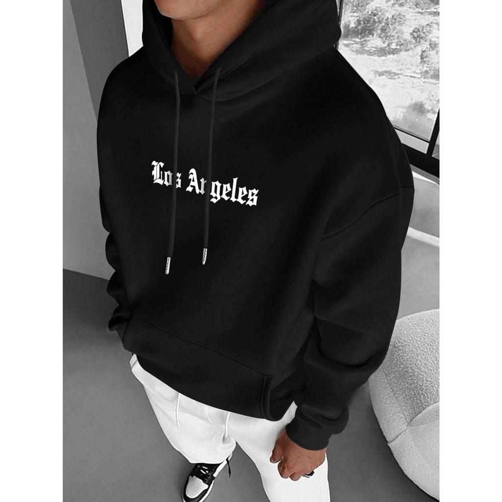 Men Hoodie Oversized Streetwear Gothic Letter Print Los Angeles Sweatshirt Casual Pullover Black Hooded Top