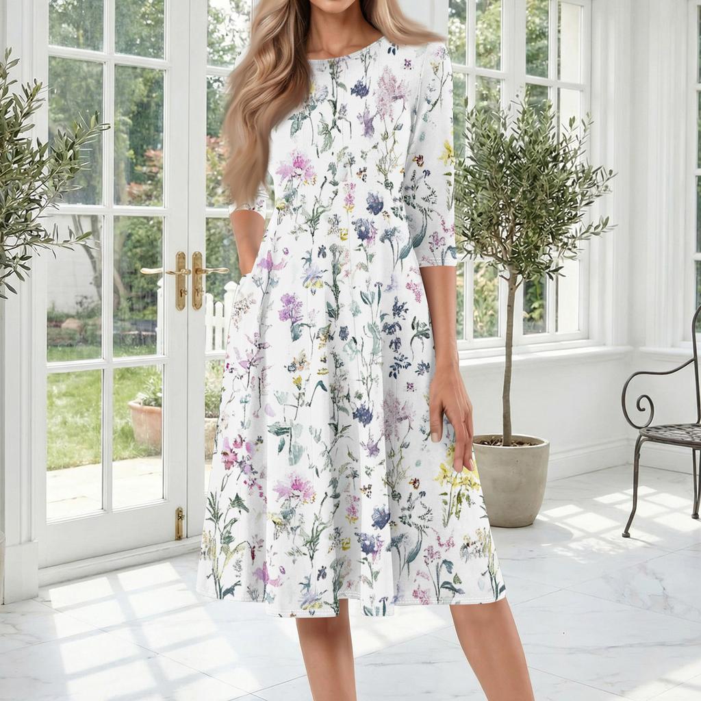 Women's Casual Fashion Round Neck Three Quarter Sleeve Printed Midi Dress