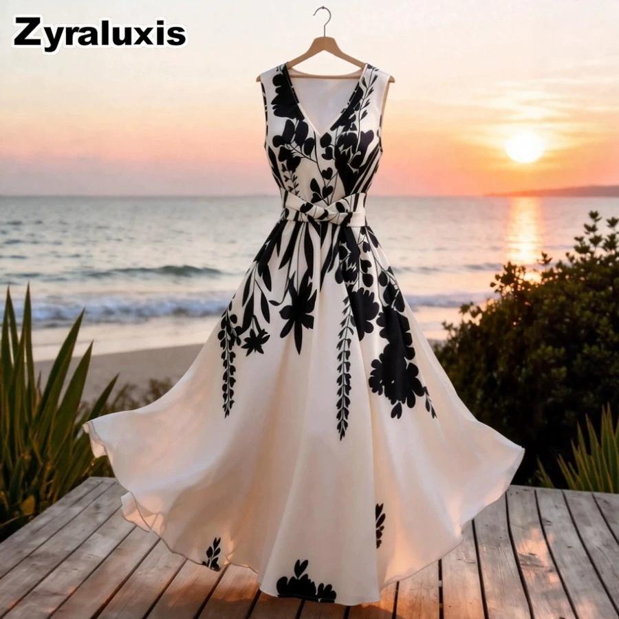 Women's French Elegant Printed Wrap Dress - Long Sleeve Midi A-Line Dress for Women