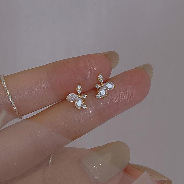 Real  Sterling Silver Full Zircon Mini Flower Stud Earrings for Women Minimalist Fine  Cute Plant Accessories
